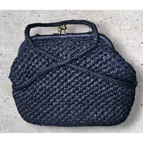 VINTAGE MANTESSA BLUE STRAW HINGED PURSE Hand Mase In JAPAN - Picture 3 of 11